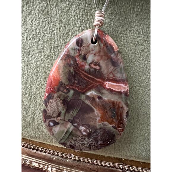 Handmade Gemstone Necklace Teardrop Jasper Stone Pendant Multicolor Beads Boho - Picture 3 of 6